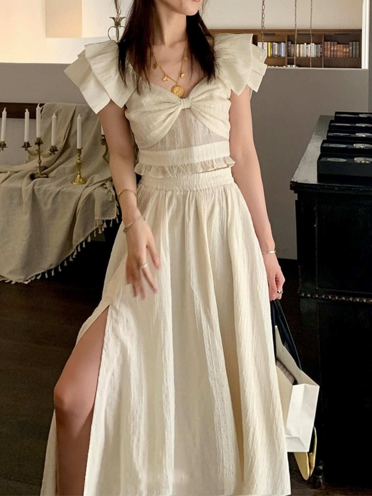 Ruffle Sleeve Bow Front Crop Top and High Split Maxi Skirt Two Piece Set
