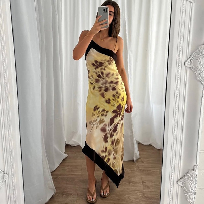 Floral Print Contrast Trim Spaghetti Strap Asymmetric Hem Midi Slip Dress 3