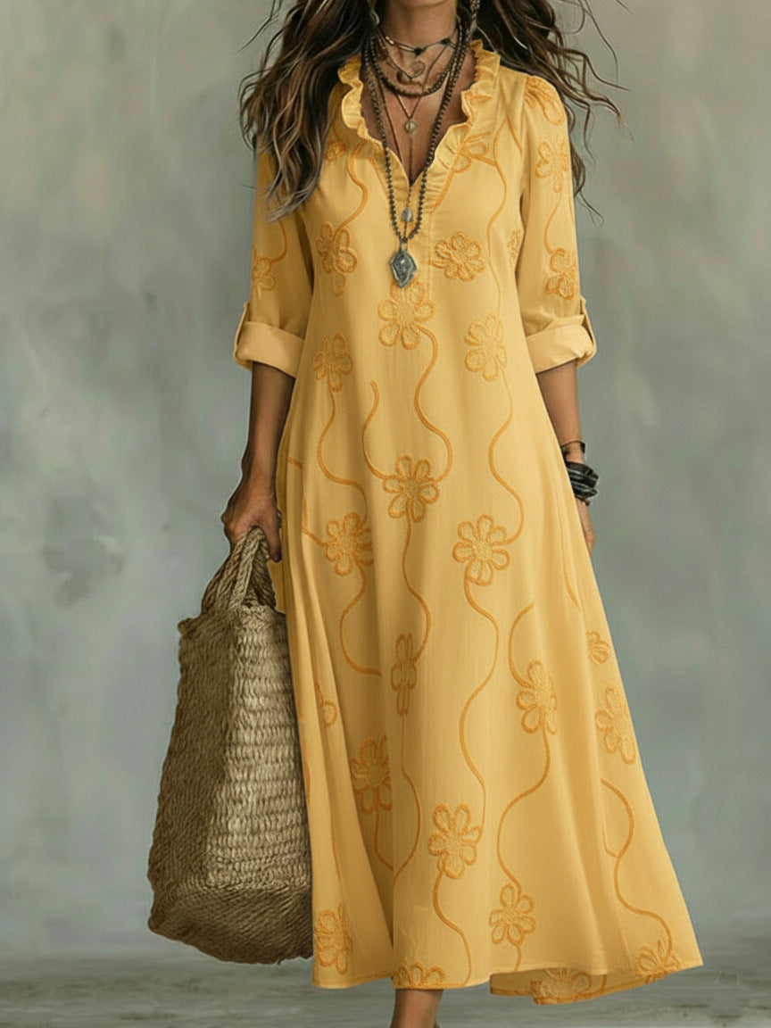 Floral Embroidered Ruffle V-Neck Roll Tab Sleeve A-Line Maxi Dress 4