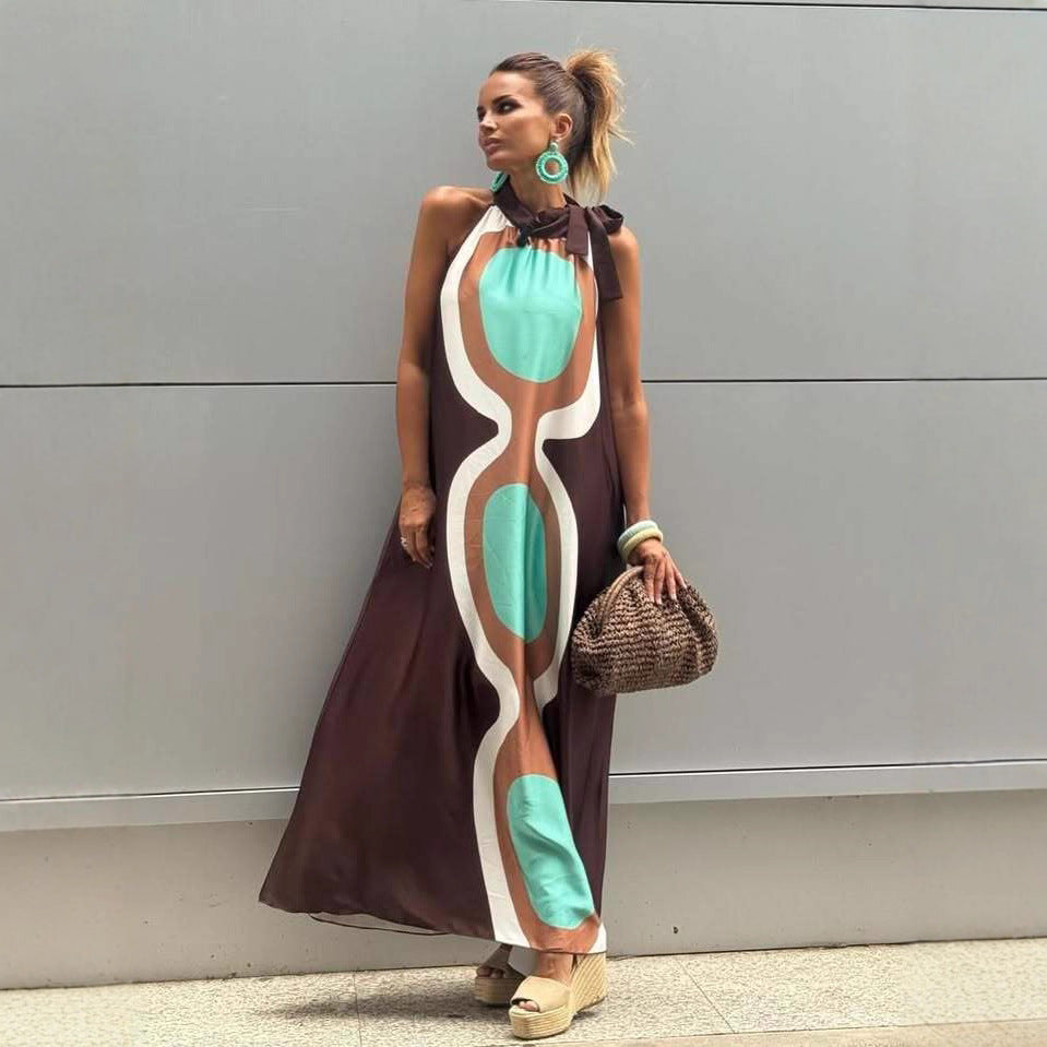 Summer Positioning Printing Halter Lace up A Swing Vacation Dress