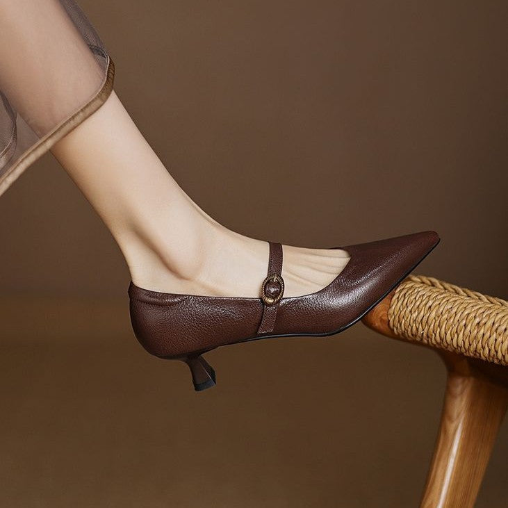 Pointed Toe Buckle Strap Kitten Heel Mary Jane Pumps