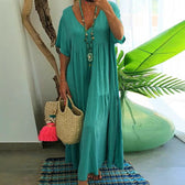 V-Neck Short Sleeve Tiered Linen Maxi Dress 4