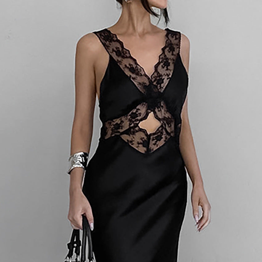 Satin Lace V-Neck Cut Out Mermaid Maxi Dress 4