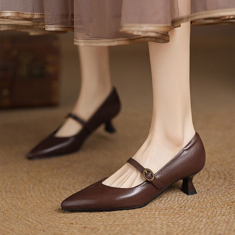 Pointed Toe Buckle Strap Kitten Heel Mary Jane Pumps