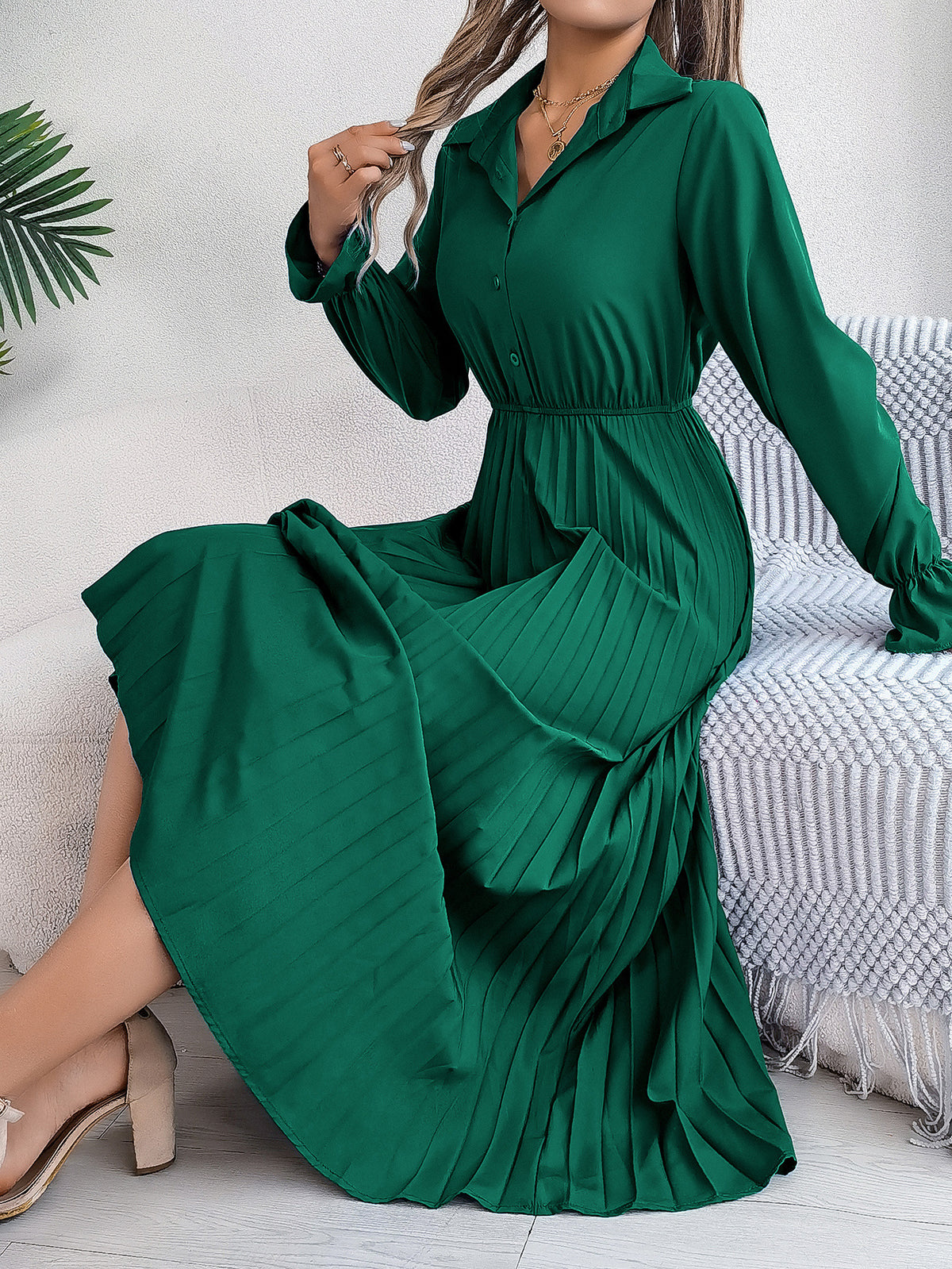 Collared Button Front Ruffle Cuff Long Sleeve Pleated Midi Shirt Dress 6