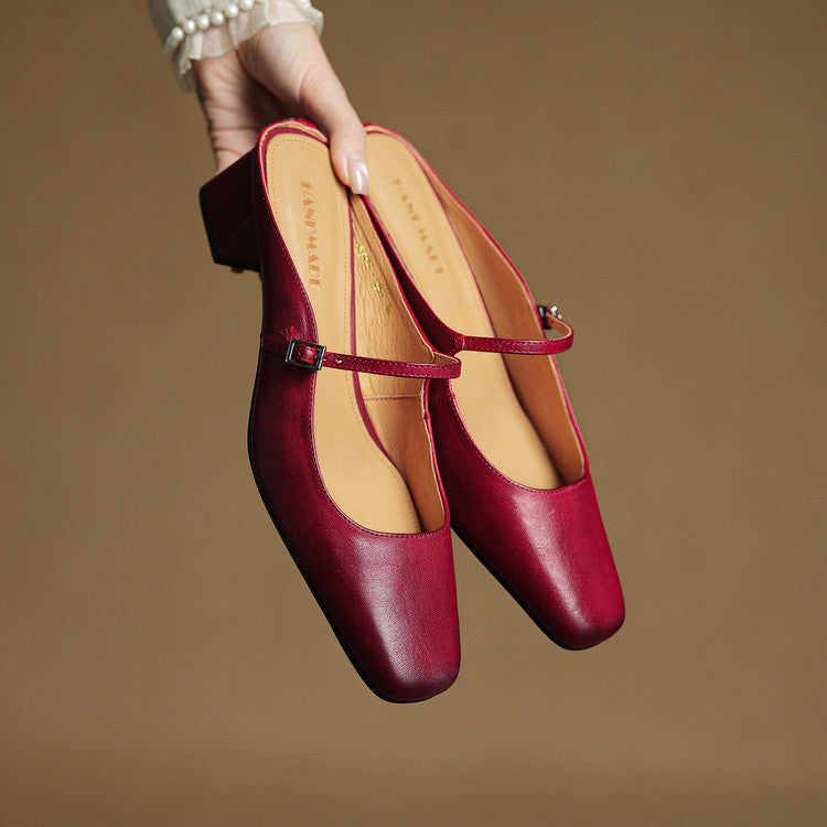 Square Toe Buckle Strap Block Heel Mary Jane Mules