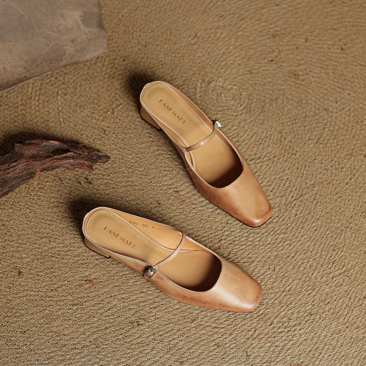 Square Toe Buckle Strap Block Heel Mary Jane Mules