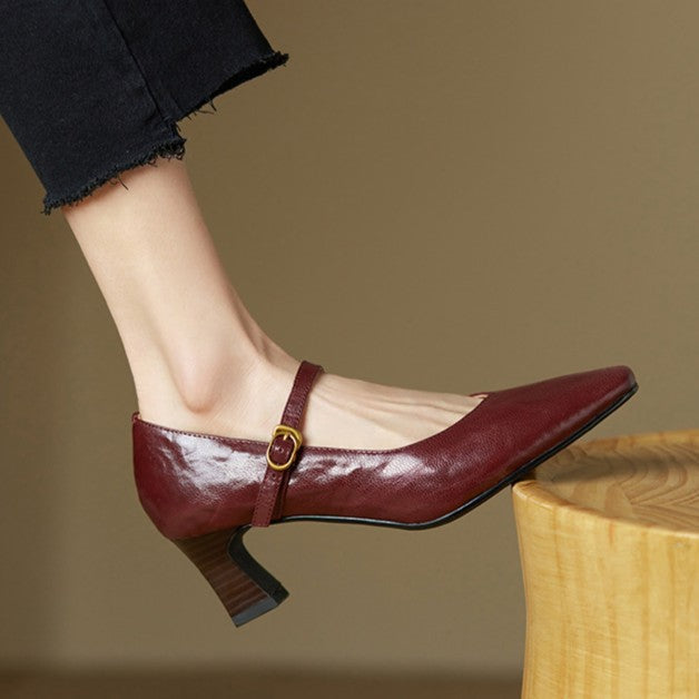 Buckle Strap Square Toe Block Heel Mary Jane Pumps
