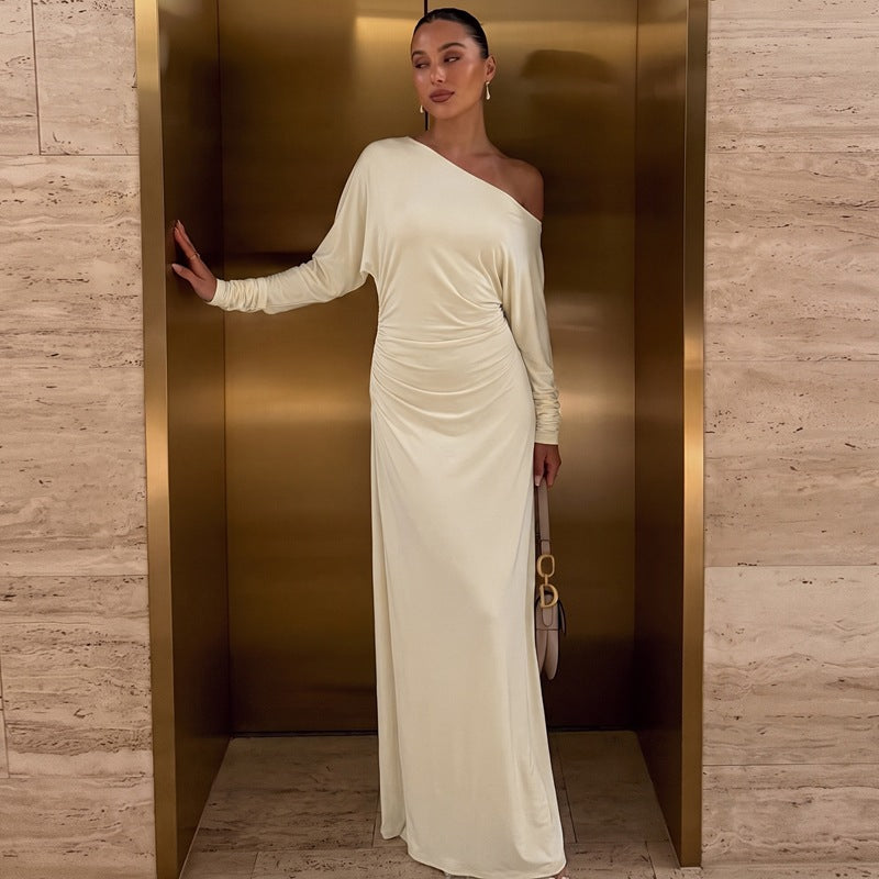 Women Shoulder Baring Elegant Loose Pleated Dress