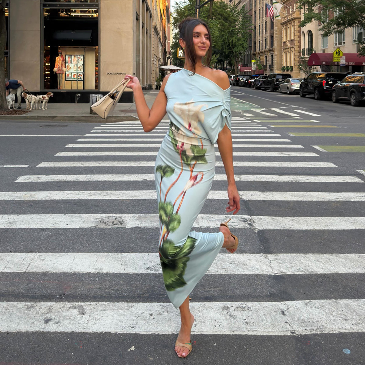 Floral Print Off Shoulder Ruched Satin Bodycon Midi Dress