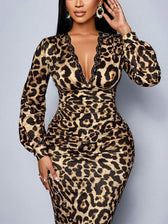 Leopard V-Neck Long Sleeve Lace Trim Ruched Bodycon Midi Dress 4