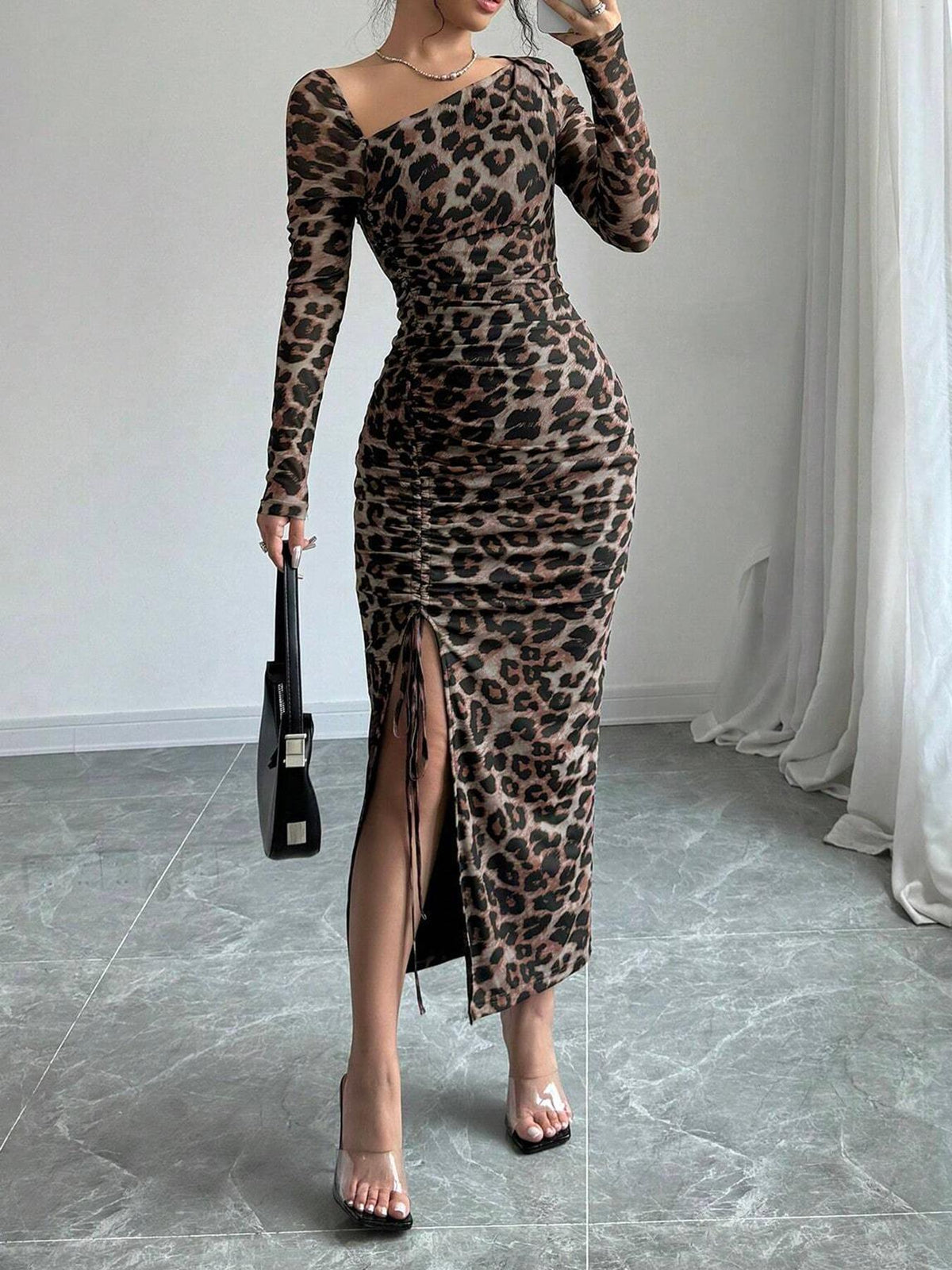Leopard Print Asymmetric Neck Long Sleeve Ruched High Split Bodycon Midi Dress 5