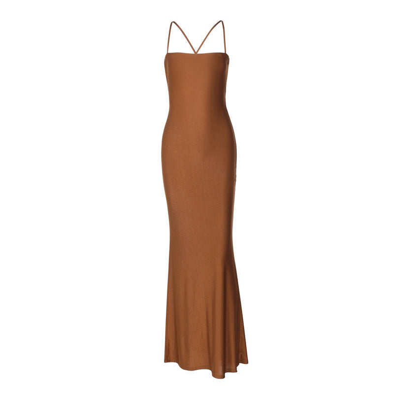 Satin Straight Neck Spaghetti Strap Tie Back Mermaid Maxi Dress 5