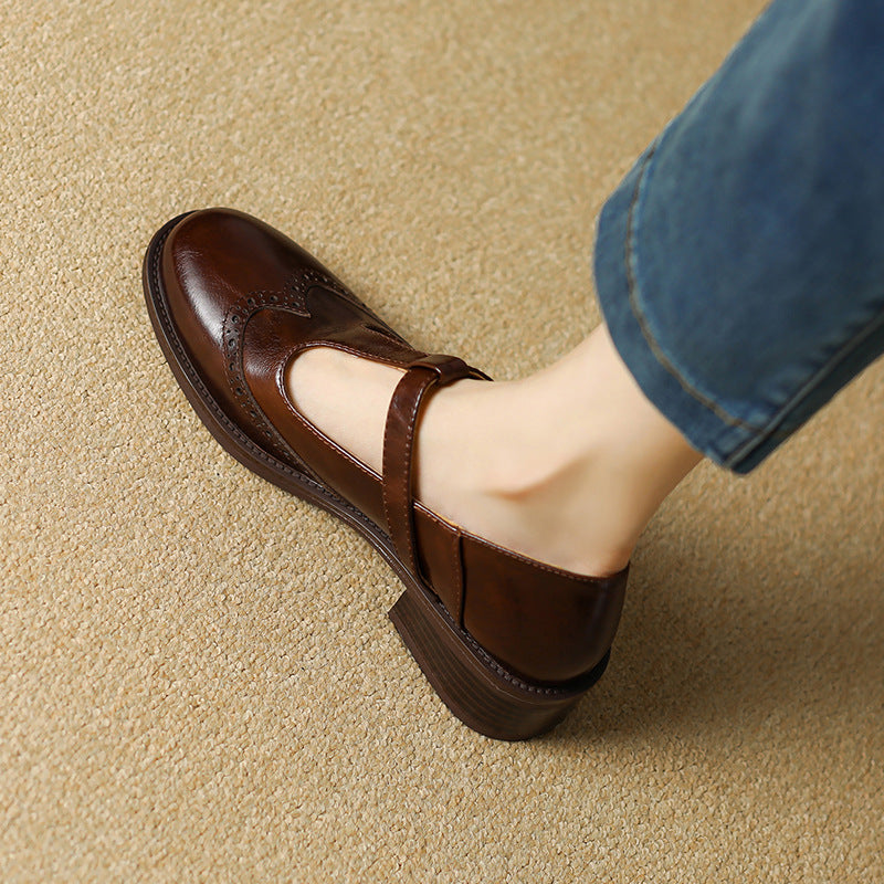 Round Toe T-Strap Buckle Block Heel Mary Jane Pumps