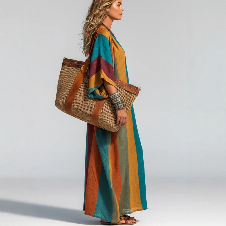 Bohemian Contrast Color Vertical Stripes Autumn Fragrance Hemp Women Loose Fitting V neck Holiday Dress