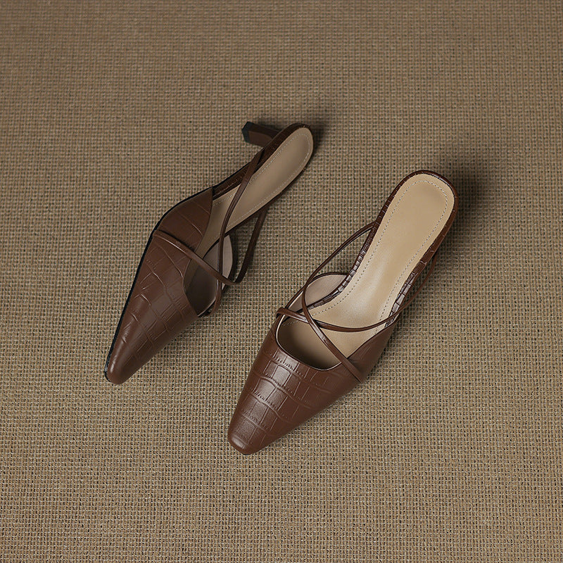 Pointed Toe Croc Look Kitten Heel Slingback Mules