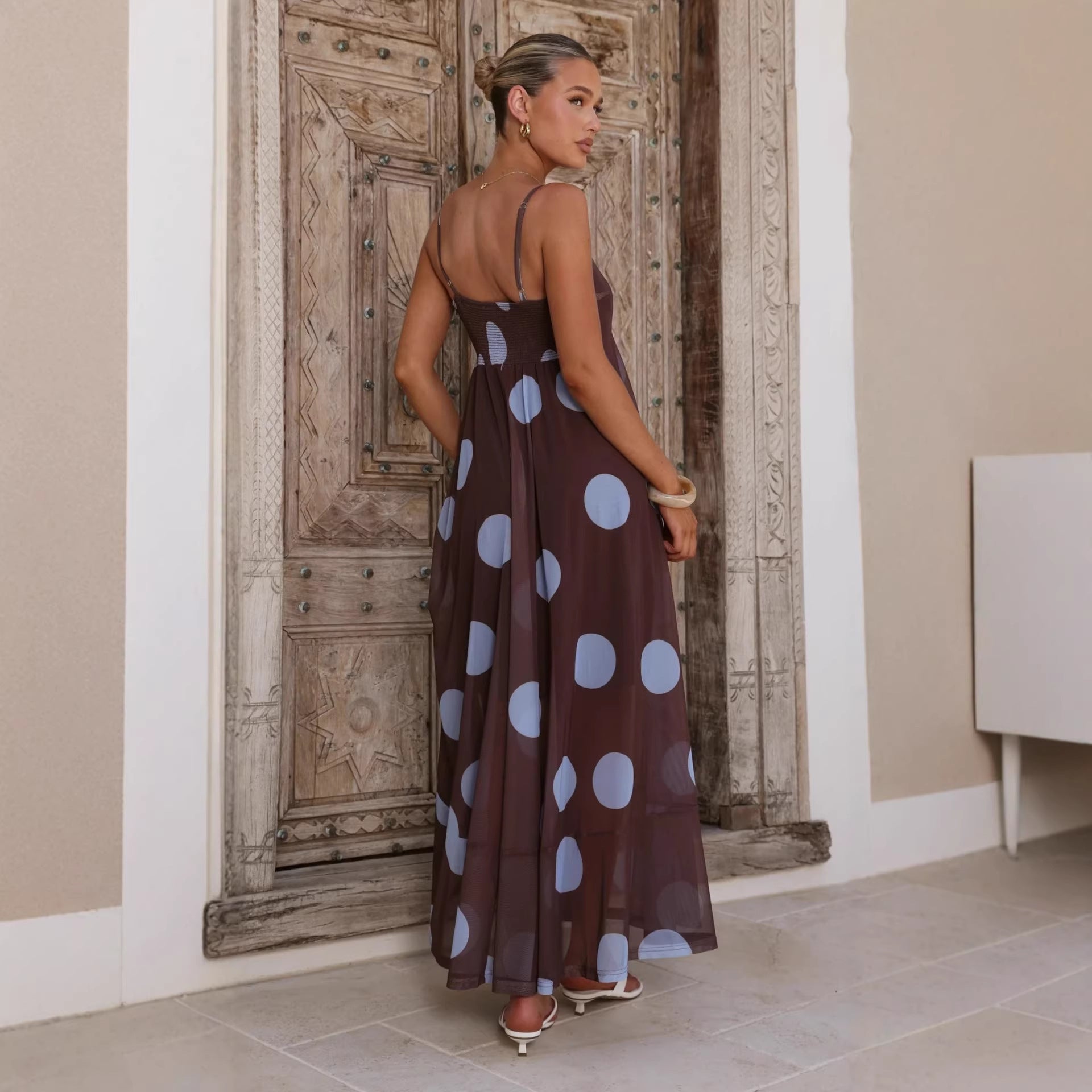 Summer Cami Dress Mesh Polka Dot Print High Waist Big Swing Cami Dress