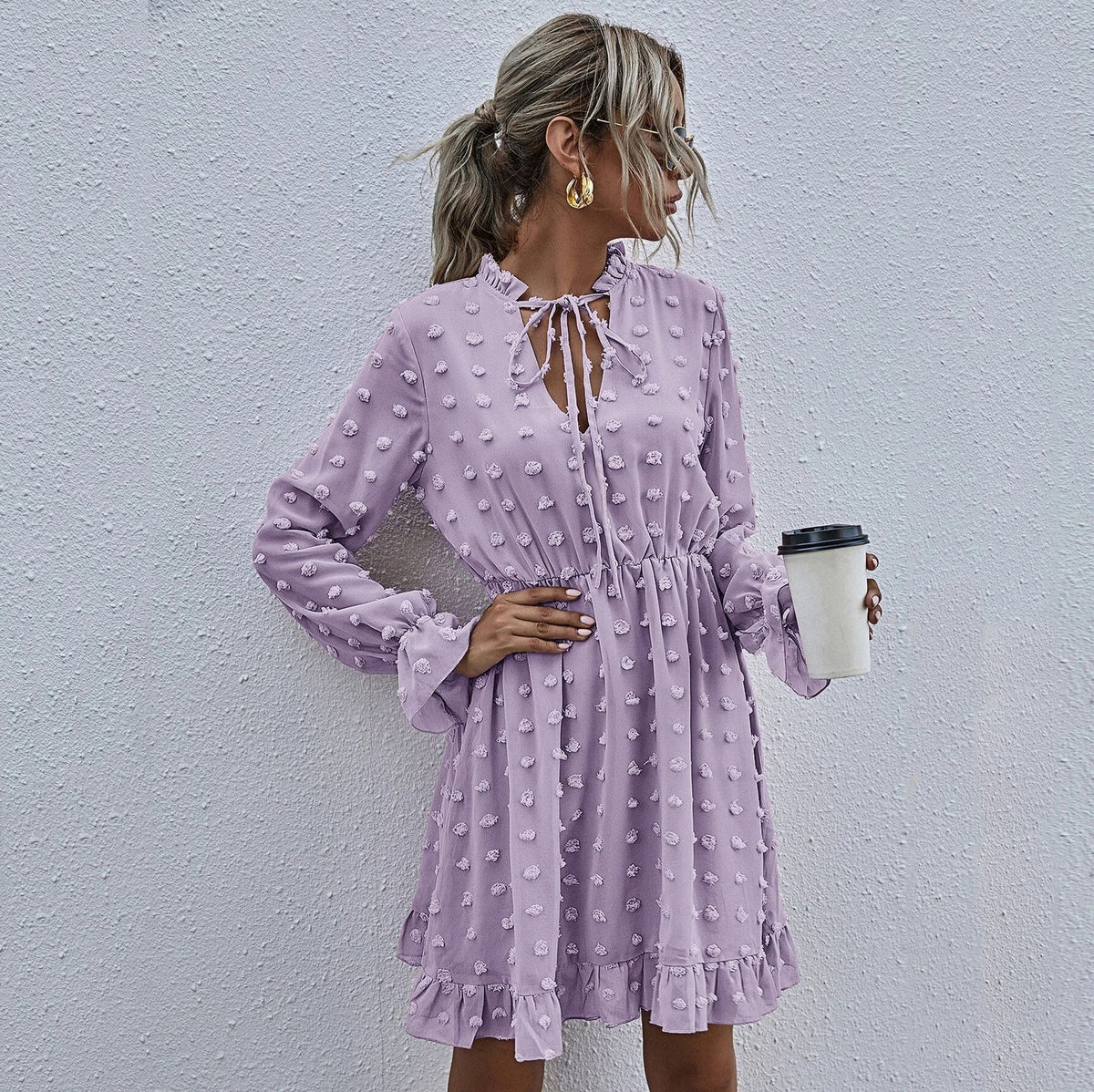 Spring Summer Long Sleeves High Waist Office Dress