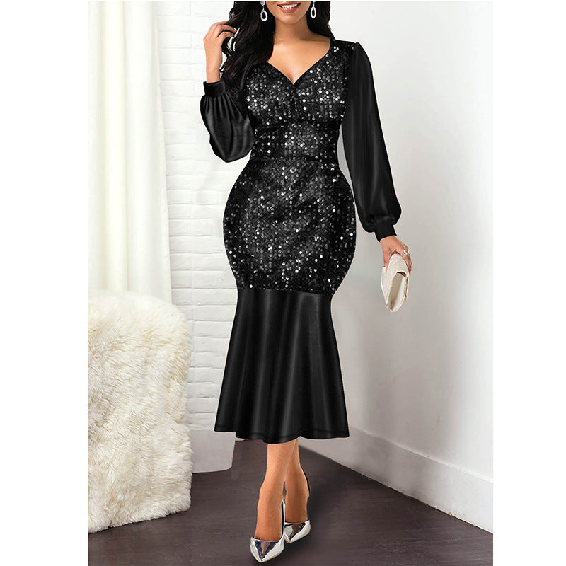Sequin Deep V-Neck Bishop Sleeve Mermaid Trumpet Hem Midi Dress