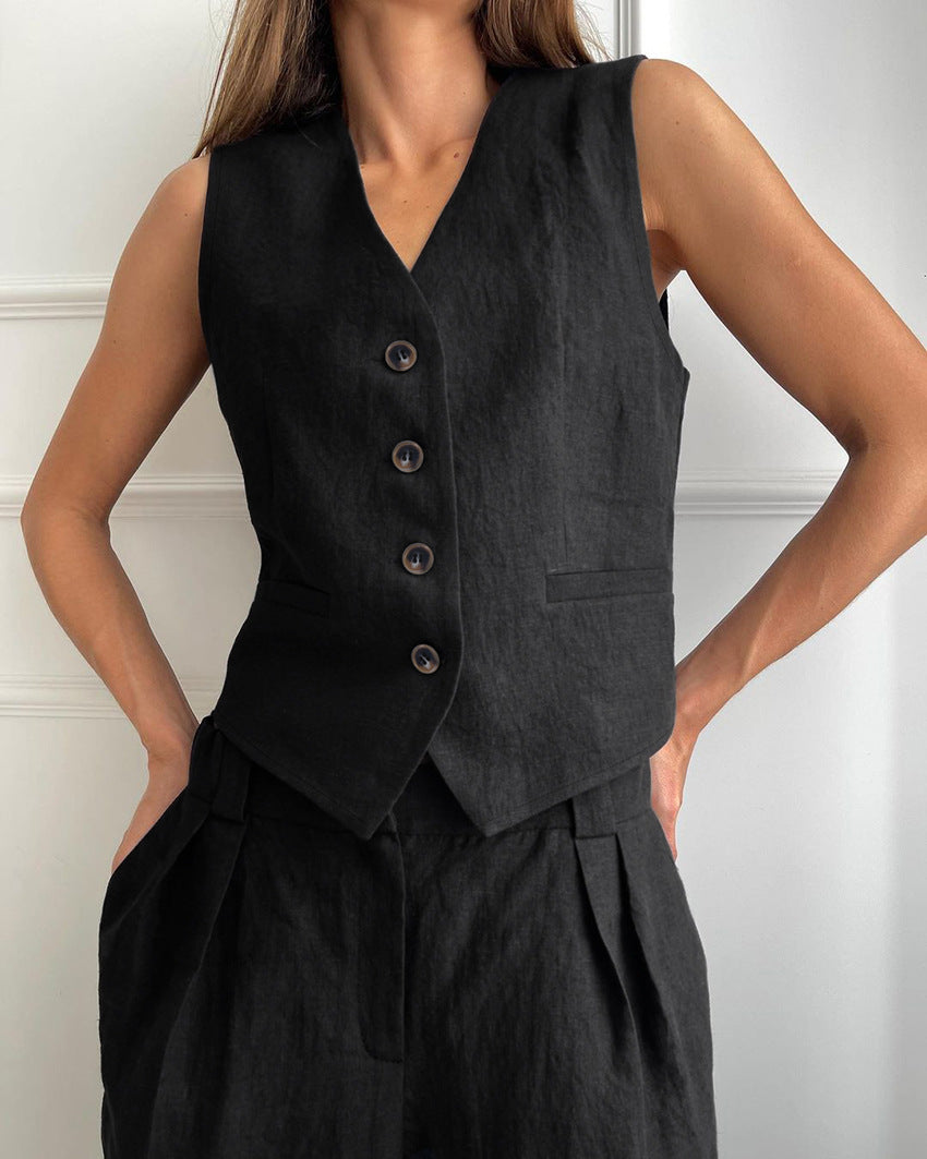 Solid Color Cotton and Linen V-neck Vest Long Pants Set