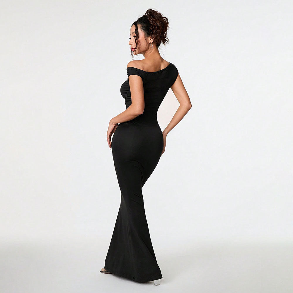Asymmetric Off Shoulder Cap Sleeve Ruched Mermaid Maxi Dress 3