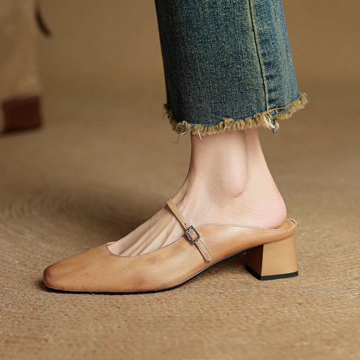 Square Toe Mary Jane Buckle Strap Block Heel Mules