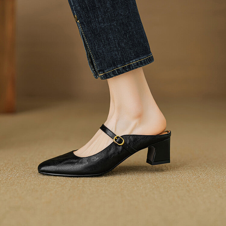 Square Toe Buckle Strap Block Heel Mules