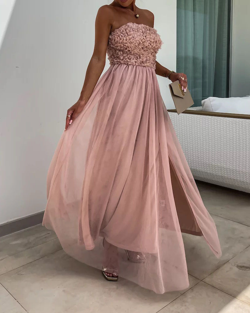 Off-shoulder tube top mesh slit tutu dress