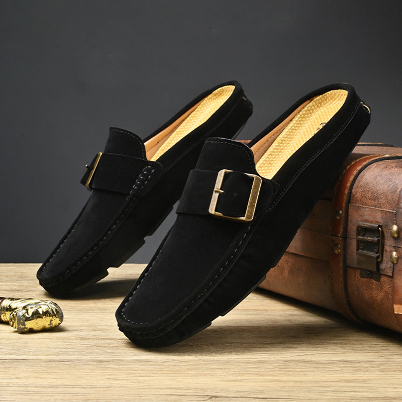 Suede-Look Buckle Backless Loafer Mules