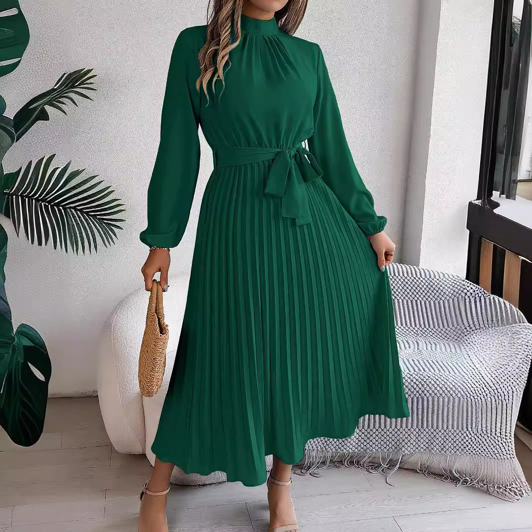 Mock Neck Long Sleeve Tie Waist Pleated A-Line Midi Dress 2