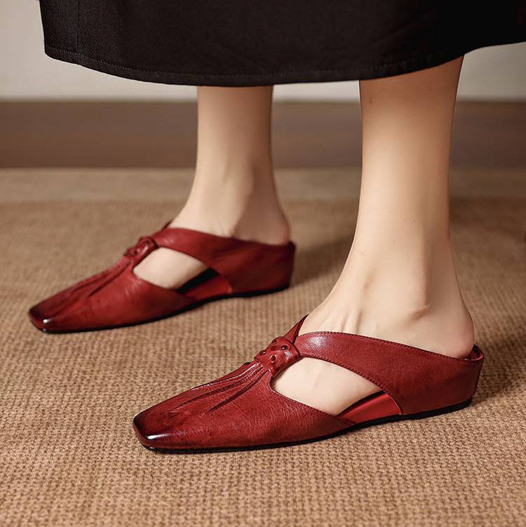 Square Toe Knot Strap Flat Mules