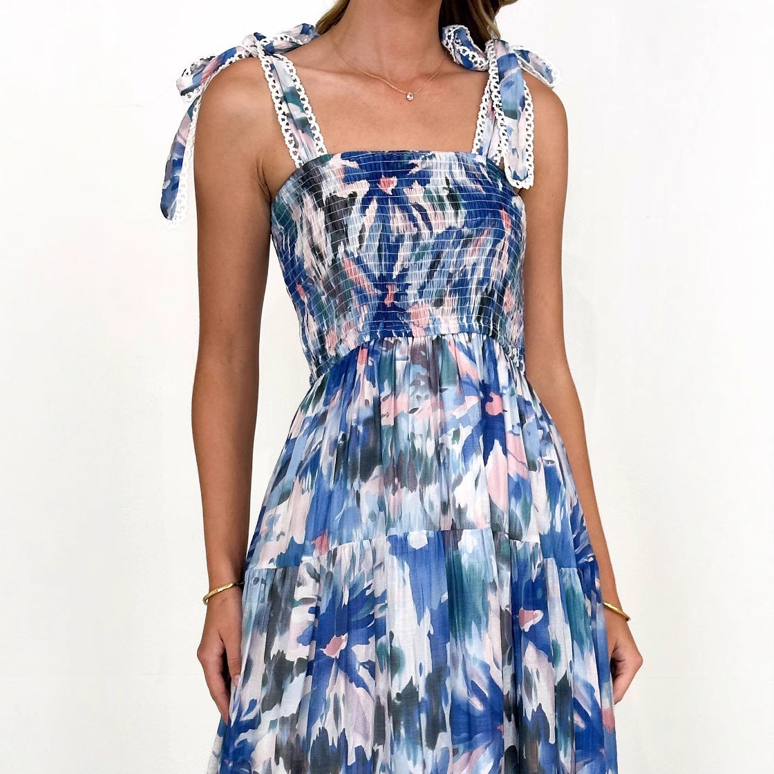 Watercolor Print Smocked Bodice Tie Shoulder Strap Tiered Maxi Dress