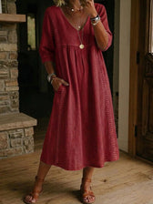 Denim V-Neck Pocket Midi Dress 6