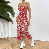 Square Neck Spaghetti Strap Floral High Split Bodycon Midi Dress 3