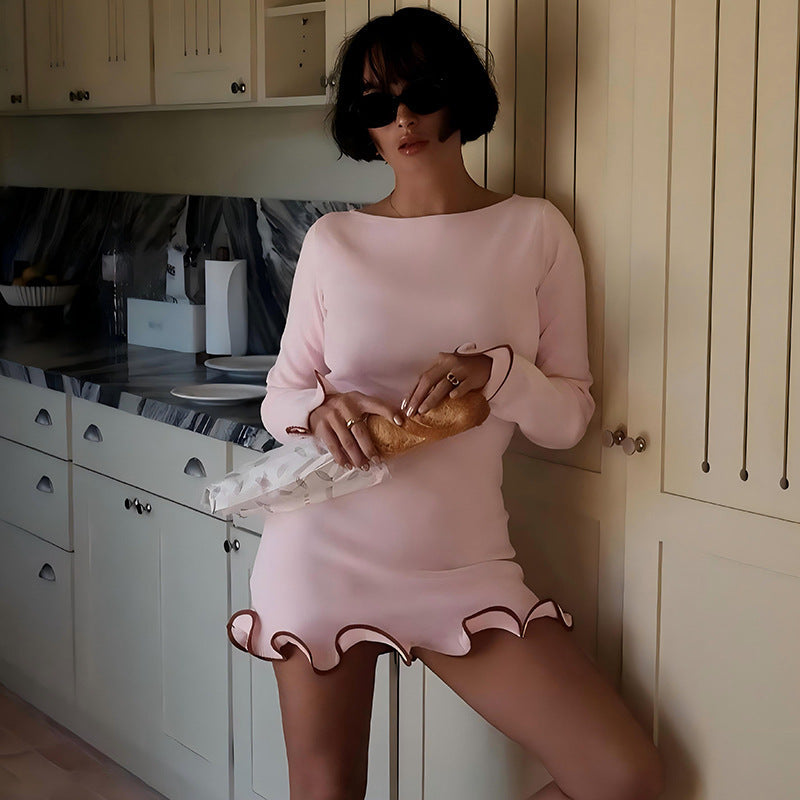 Knit Long Sleeve Ruffle Hem Bodycon Mini Dress