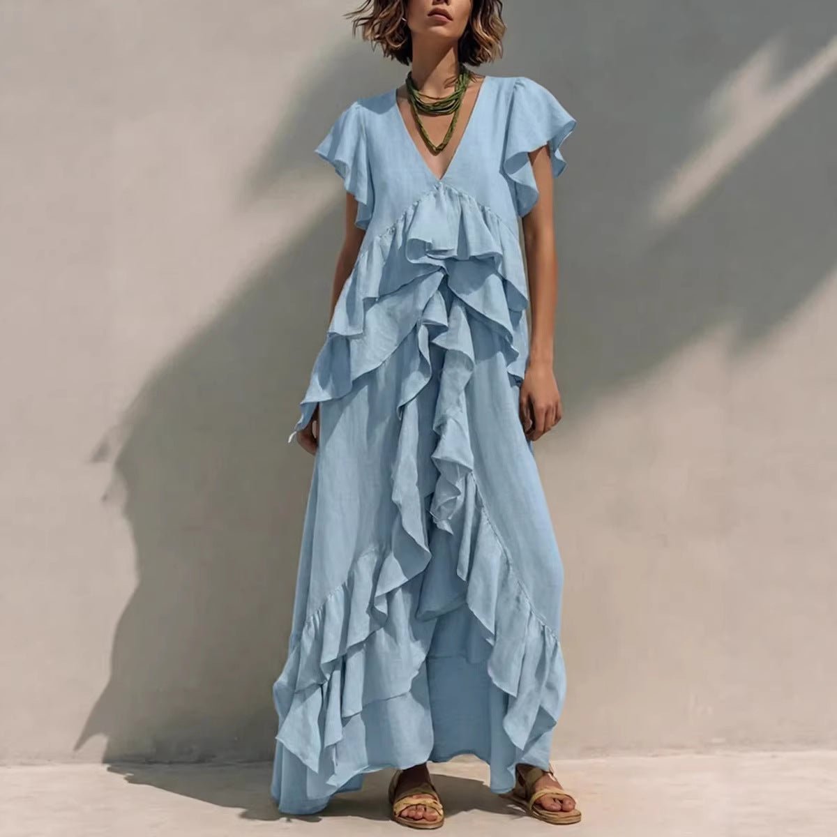 V-Neck Flutter Sleeve Ruffle Tiered Maxi Dress 4