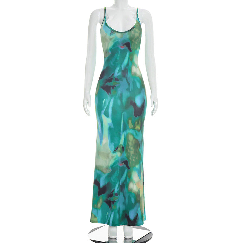 Abstract Print Scoop Neck Spaghetti Strap Backless Maxi Slip Dress 2