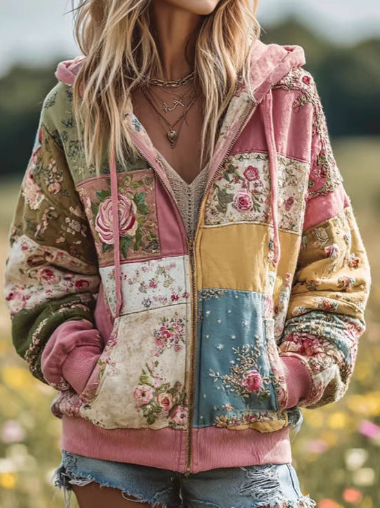 Floral Patchwork Hooded Zip Front Jacket