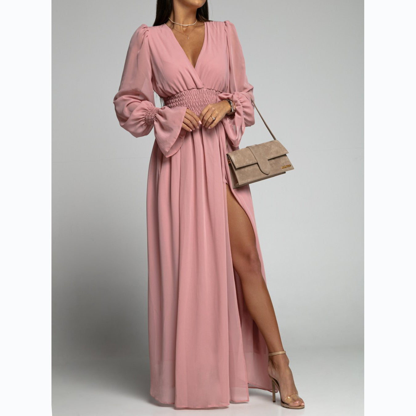 Waist - Tight Petal Sleeve Chiffon Dress