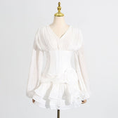 Chiffon Long Sleeve V-Neck Corset Tiered Mini Dress 2