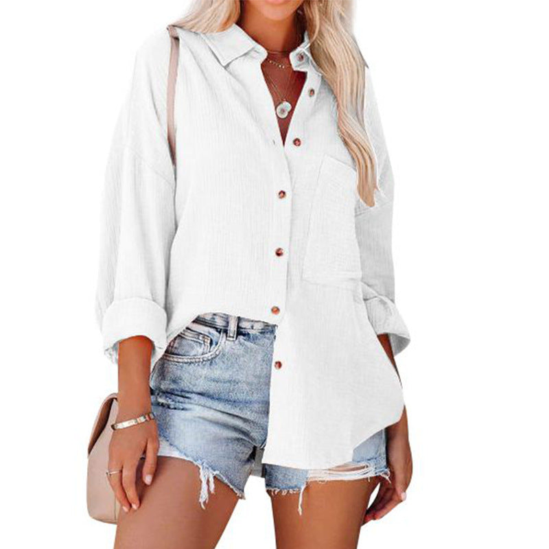 Collared Long Sleeve Button Down Textured Pocket Shirt