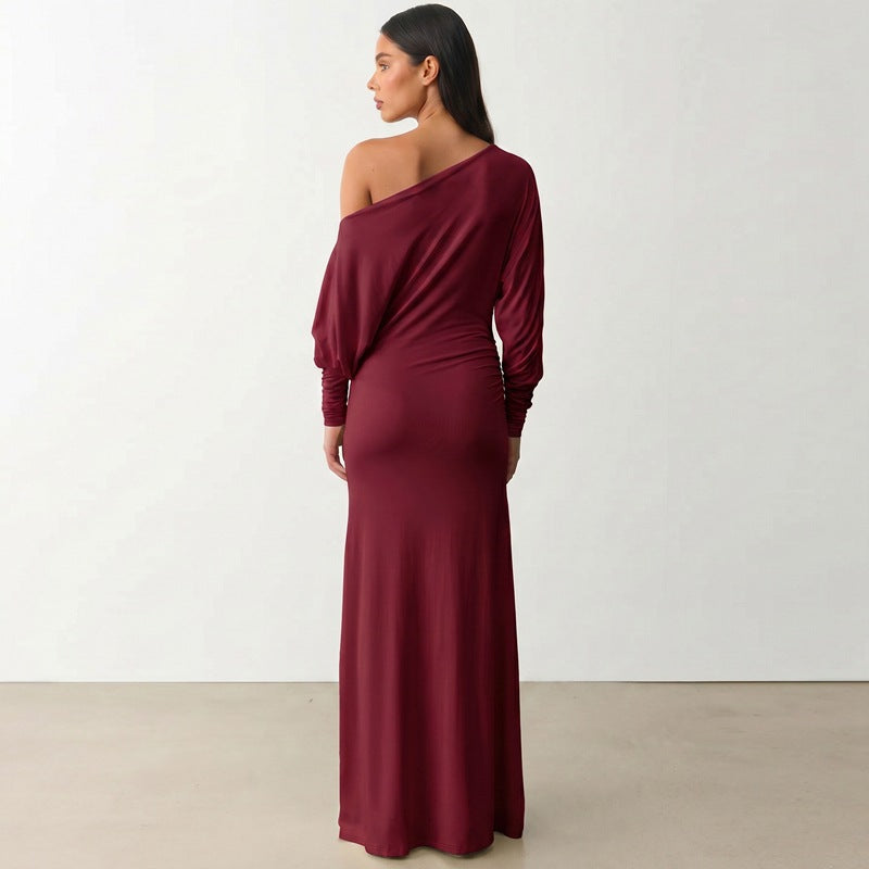 Women Shoulder Baring Elegant Loose Pleated Dress