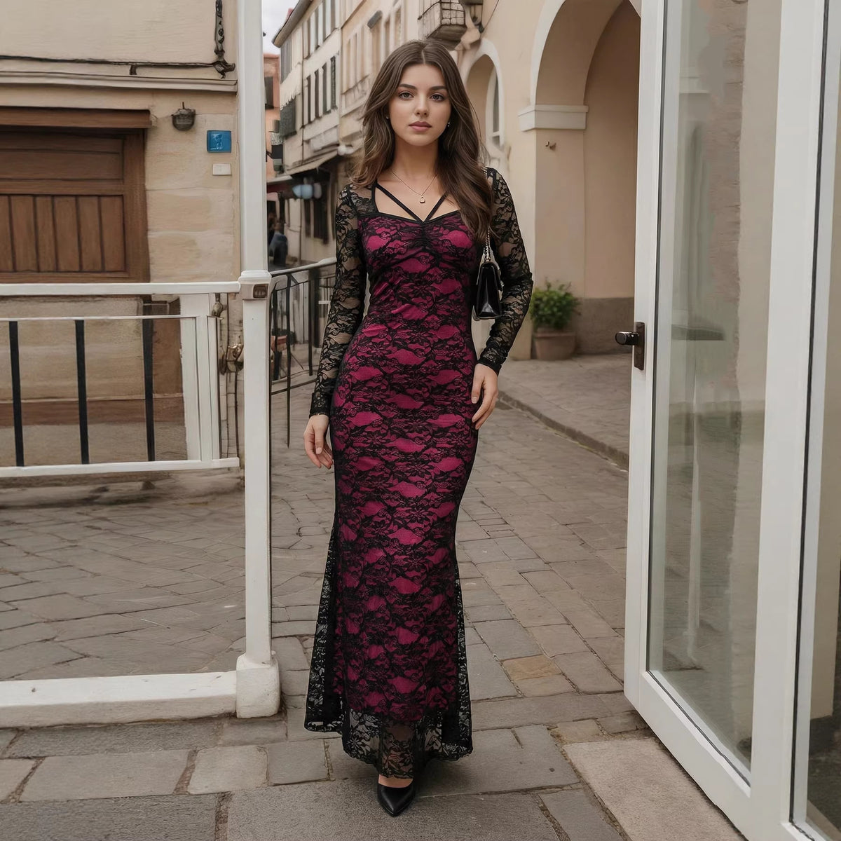 Women Clothing Spring Slim Lace Stitching Hip Bag Sexy Maxi Dress