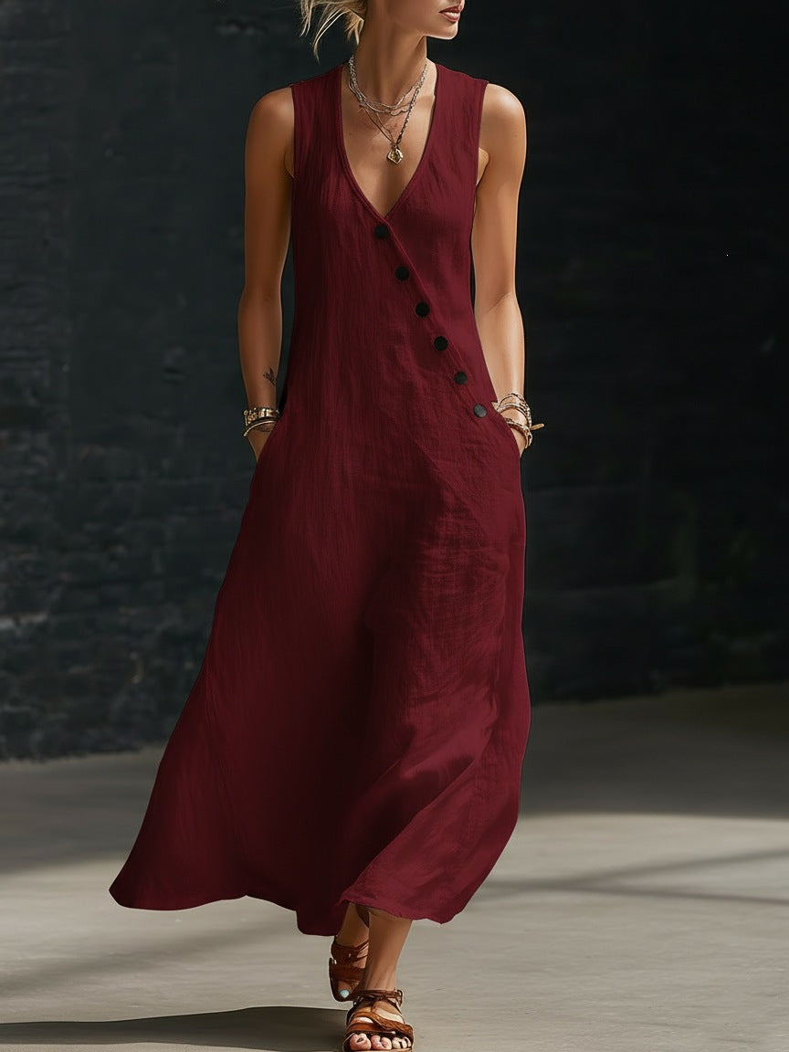 V-Neck Sleeveless Button Front Linen Maxi Dress 10