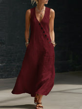V-Neck Sleeveless Button Front Linen Maxi Dress 10