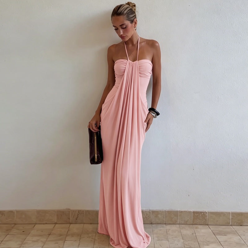 Halter Neck Draped Front Ruched Bust Maxi Dress