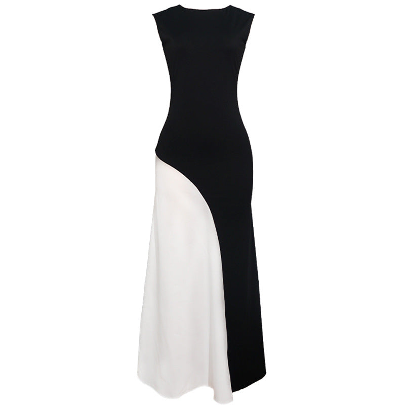Two Tone Color Block Round Neck Sleeveless Asymmetric Panel Maxi Dress 2