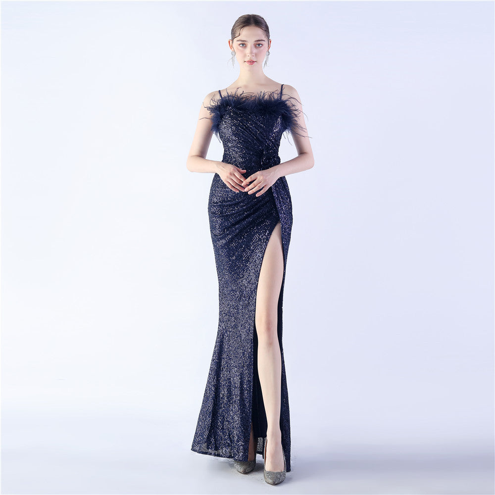 Sequin Spaghetti Strap Feather Trim High Split Mermaid Gown