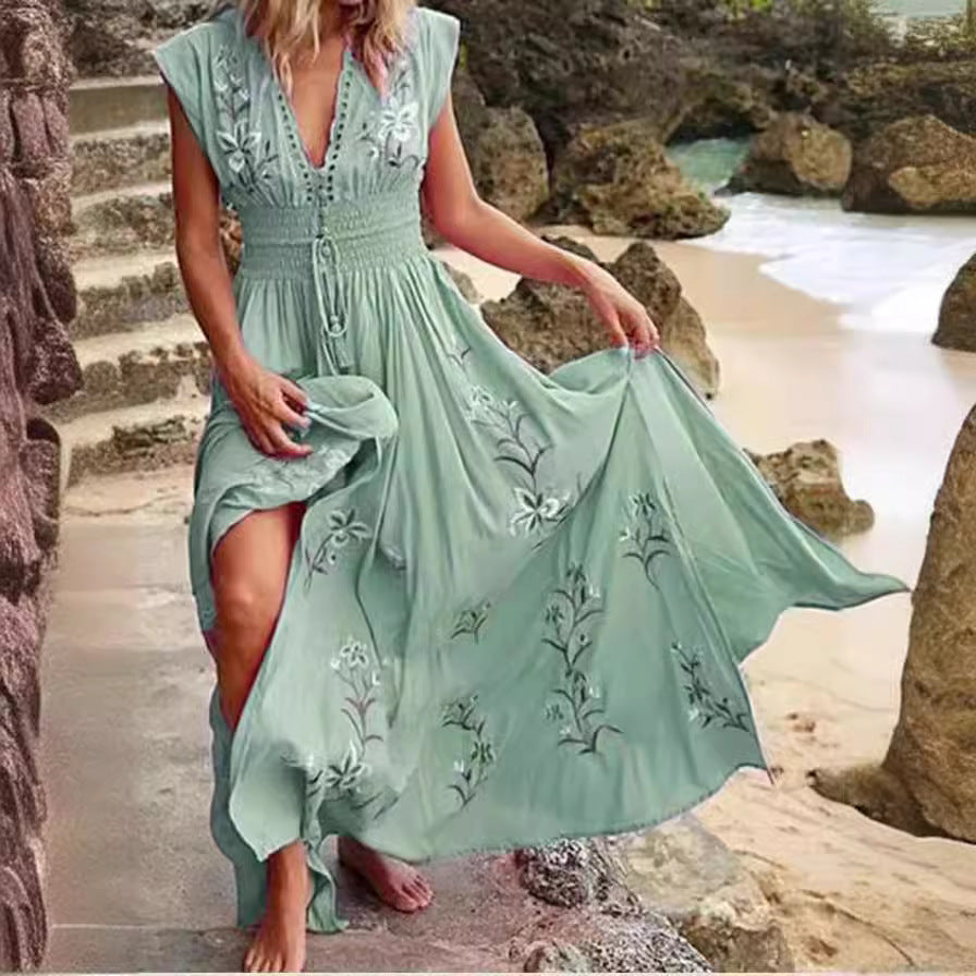 Floral Embroidered Deep V-Neck Smocked Waist Maxi Dress 2