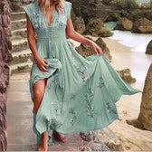 Floral Embroidered Deep V-Neck Smocked Waist Maxi Dress 2